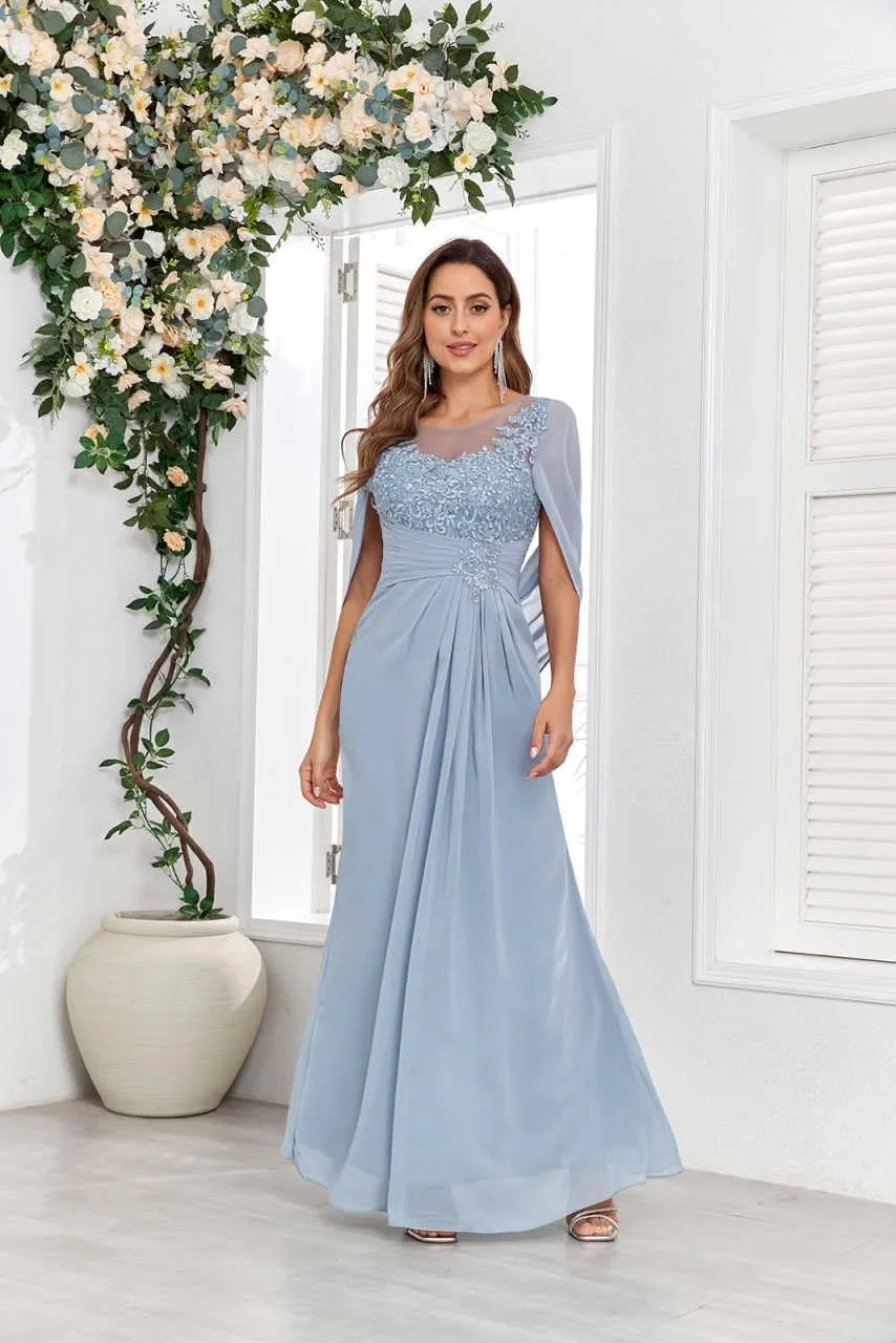 Mother of The Bride Dresses for Wedding Scoop Neck Fitted Beautiful Lace Chiffon Formal Dress with Shawl