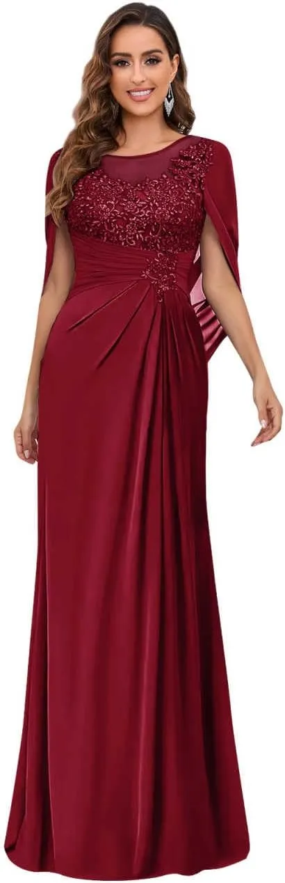 Mother of The Bride Dresses for Wedding Scoop Neck Fitted Beautiful Lace Chiffon Formal Dress with Shawl