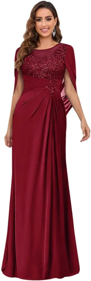 Mother of The Bride Dresses for Wedding Scoop Neck Fitted Beautiful Lace Chiffon Formal Dress with Shawl