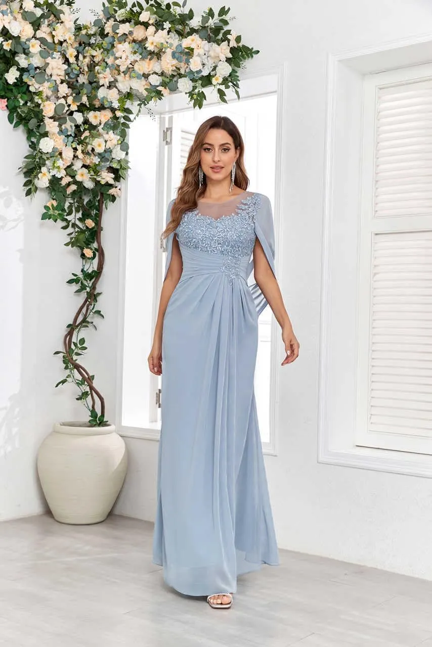 Mother of The Bride Dresses for Wedding Scoop Neck Fitted Beautiful Lace Chiffon Formal Dress with Shawl