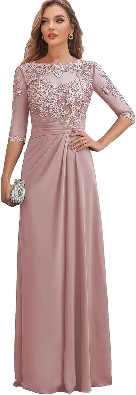 Mother-of-The-Bride-Dresses Long Chiffon - Lace Scoop Wedding Guest Dress Pleated Ruched Formal Evening Gowns