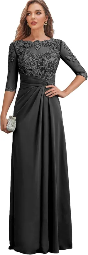 Mother-of-The-Bride-Dresses Long Chiffon - Lace Scoop Wedding Guest Dress Pleated Ruched Formal Evening Gowns