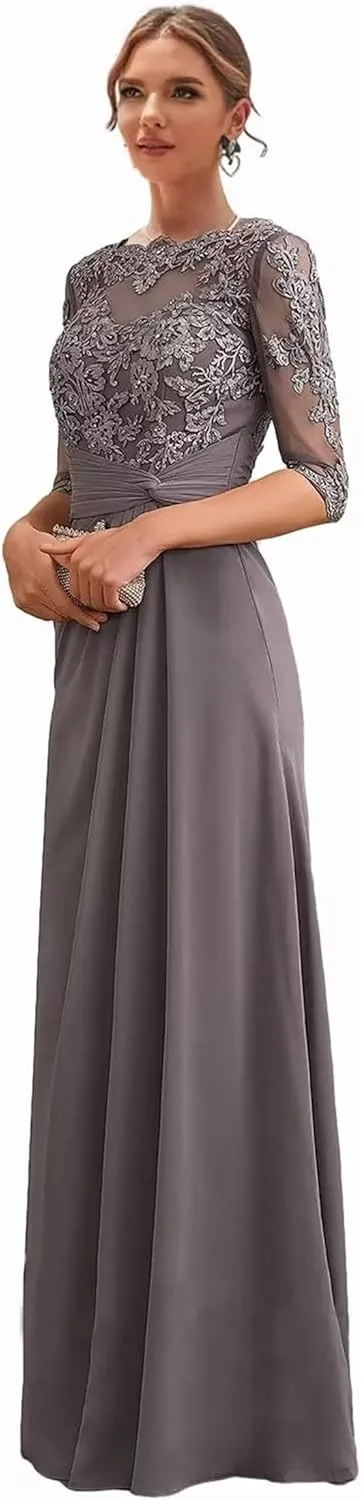 Mother-of-The-Bride-Dresses Long Chiffon - Lace Scoop Wedding Guest Dress Pleated Ruched Formal Evening Gowns