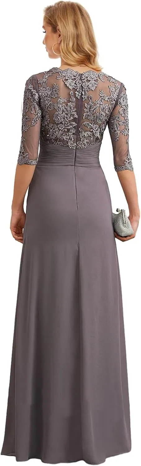 Mother-of-The-Bride-Dresses Long Chiffon - Lace Scoop Wedding Guest Dress Pleated Ruched Formal Evening Gowns