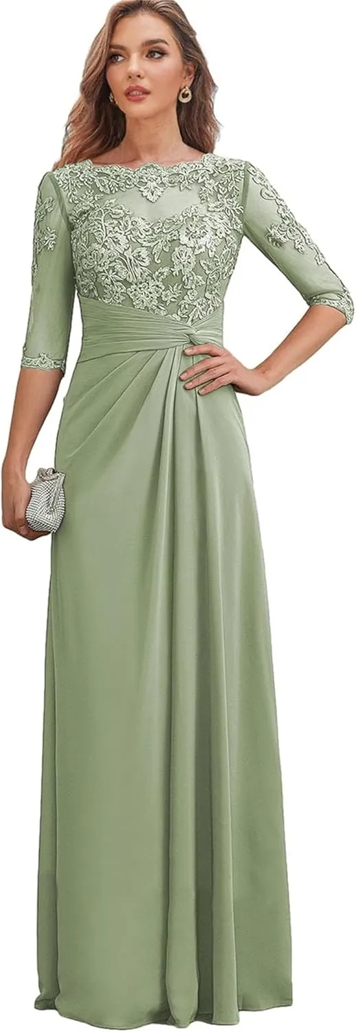 Mother-of-The-Bride-Dresses Long Chiffon - Lace Scoop Wedding Guest Dress Pleated Ruched Formal Evening Gowns