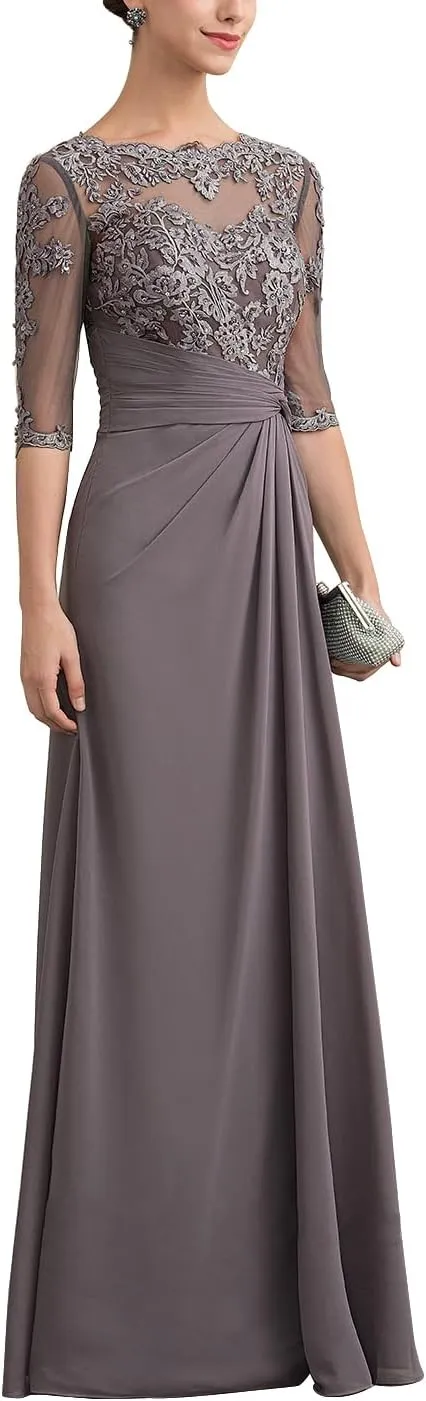 Mother of The Bride Dresses Long Chiffon Lace Wedding Guest Dresses for Women Ruched Formal Evening Gowns