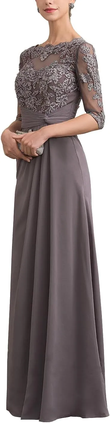 Mother of The Bride Dresses Long Chiffon Lace Wedding Guest Dresses for Women Ruched Formal Evening Gowns
