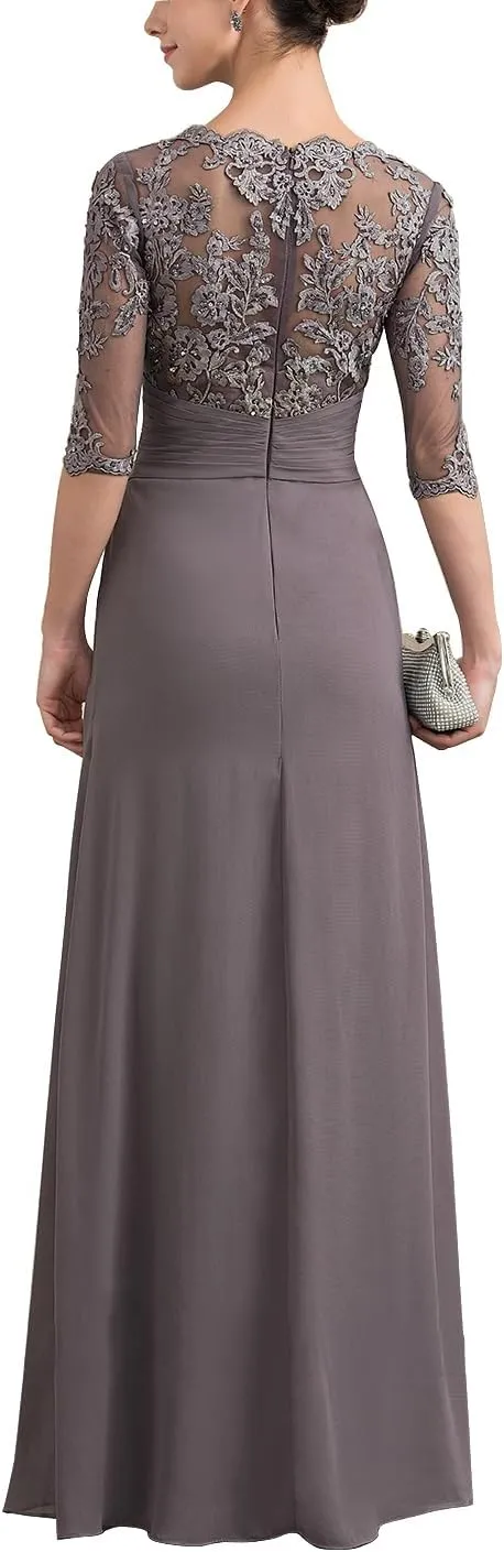 Mother of The Bride Dresses Long Chiffon Lace Wedding Guest Dresses for Women Ruched Formal Evening Gowns