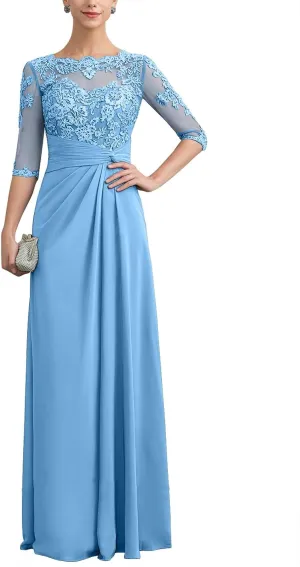 Mother of The Bride Dresses Long Chiffon Lace Wedding Guest Dresses for Women Ruched Formal Evening Gowns