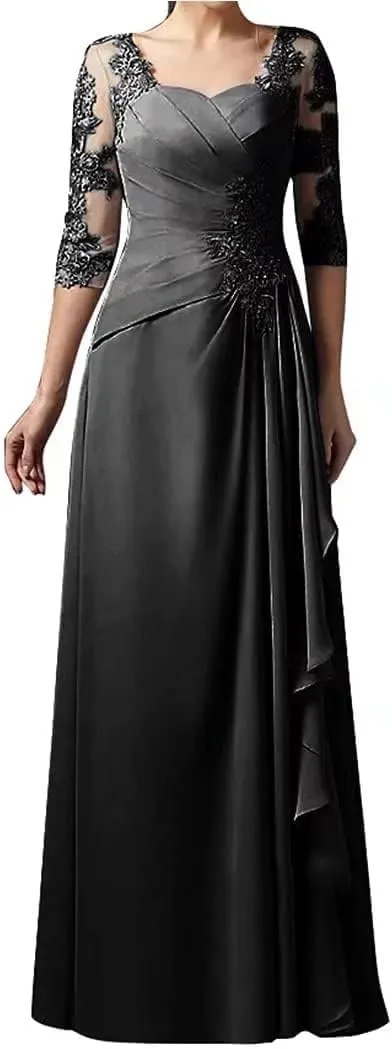 Mother of The Bride Floral Lace Chiffon Dress 3/4 Sleeve A-line Pleated Formal Party Evening Gown Wedding Guest Dress