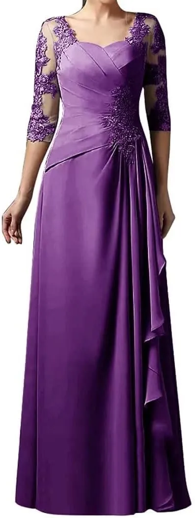 Mother of The Bride Floral Lace Chiffon Dress 3/4 Sleeve A-line Pleated Formal Party Evening Gown Wedding Guest Dress