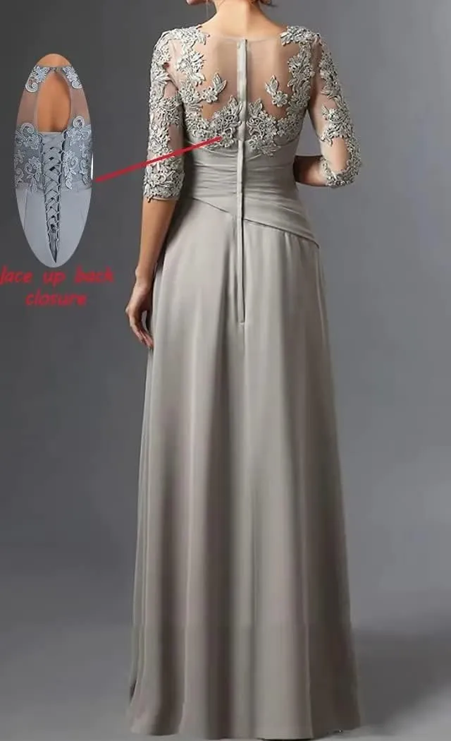 Mother of The Bride Floral Lace Chiffon Dress 3/4 Sleeve A-line Pleated Formal Party Evening Gown Wedding Guest Dress