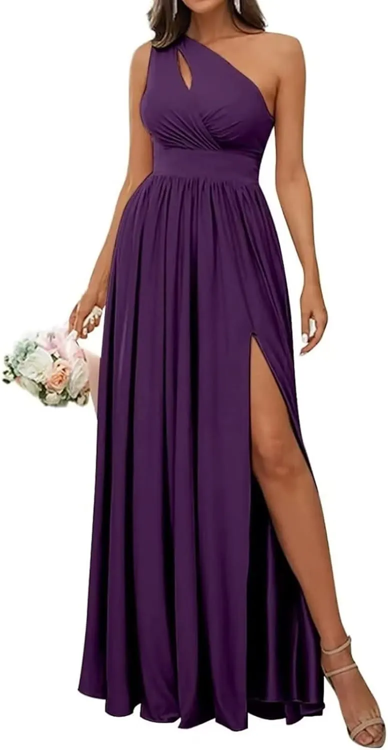 NABN Women's One Shoulder Bridesmaid Dresses with Slit for Wedding Long Pleated Chiffon Wedding Prom Evening Gown