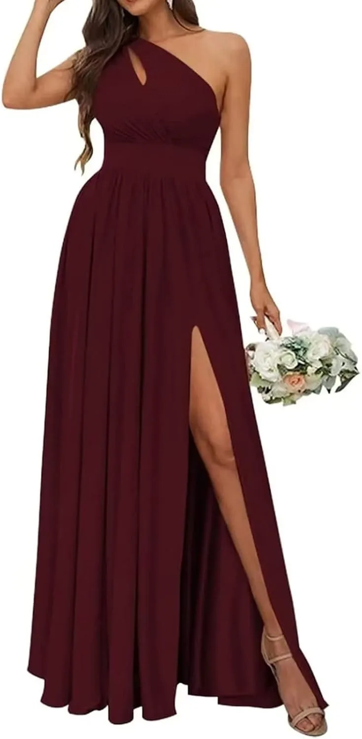 NABN Women's One Shoulder Bridesmaid Dresses with Slit for Wedding Long Pleated Chiffon Wedding Prom Evening Gown