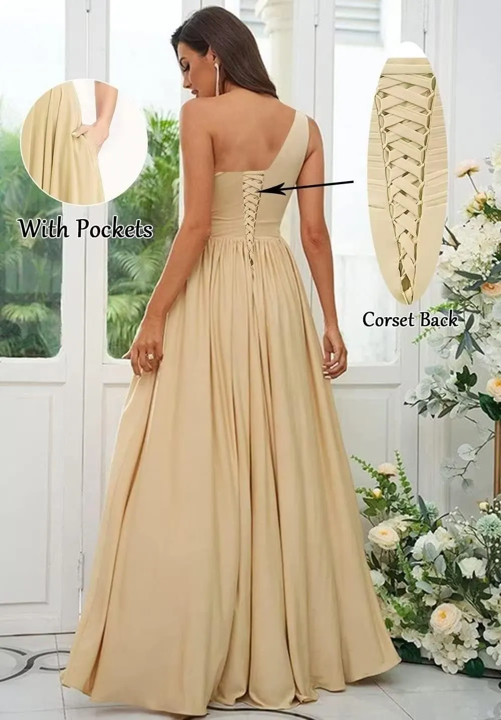 NABN Women's One Shoulder Bridesmaid Dresses with Slit for Wedding Long Pleated Chiffon Wedding Prom Evening Gown