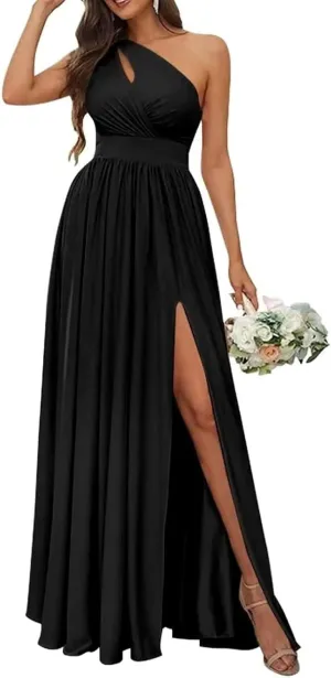NABN Women's One Shoulder Bridesmaid Dresses with Slit for Wedding Long Pleated Chiffon Wedding Prom Evening Gown