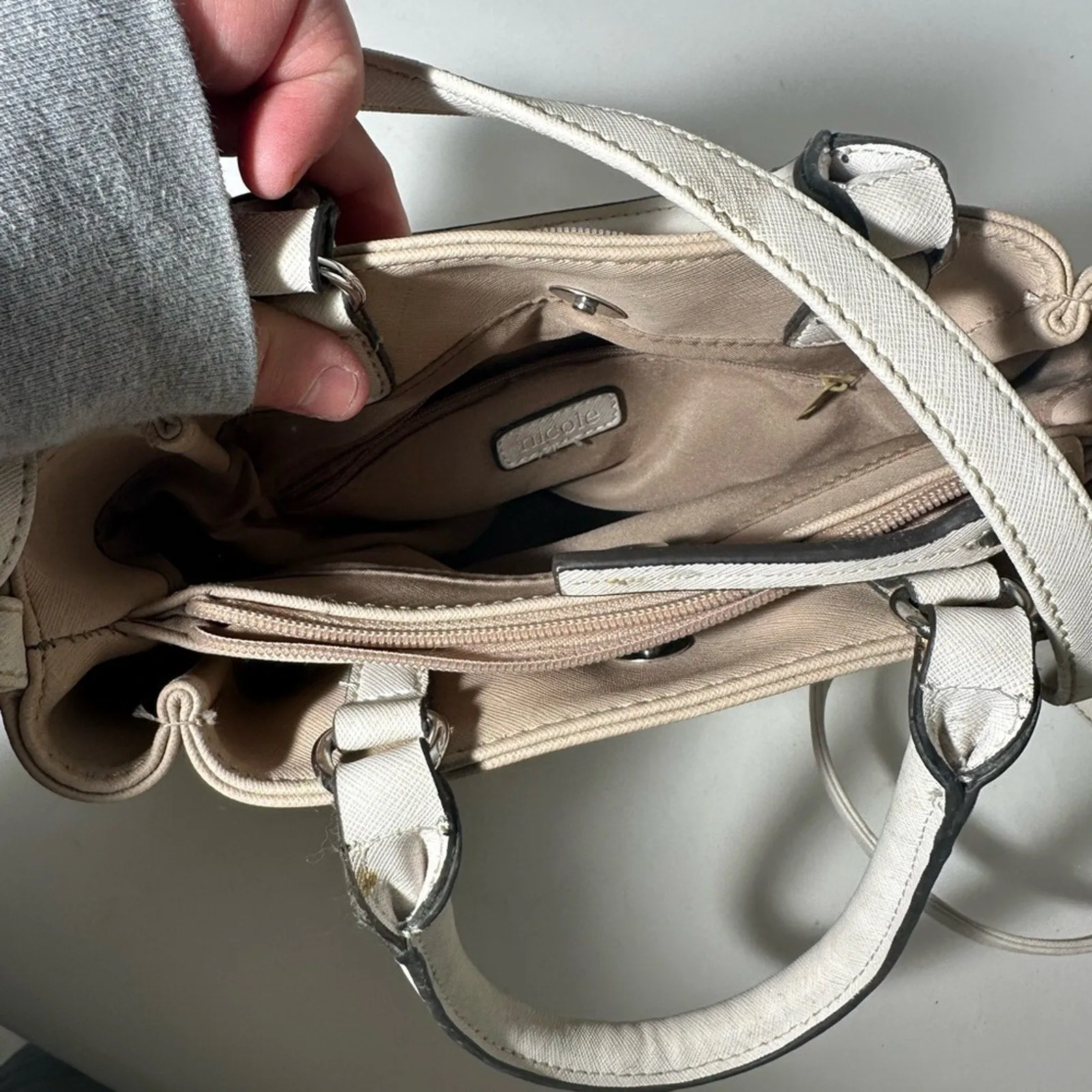 Nine West Cream and White Satchel with Double Handles and Silver Hardware