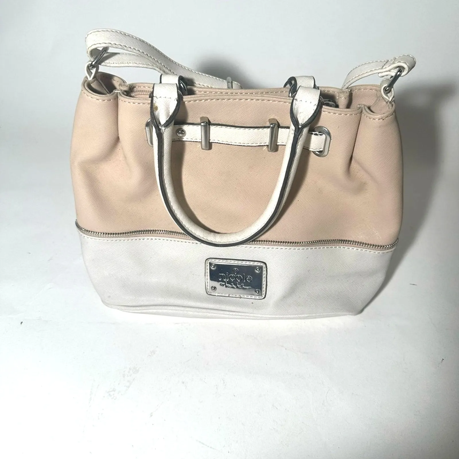 Nine West Cream and White Satchel with Double Handles and Silver Hardware