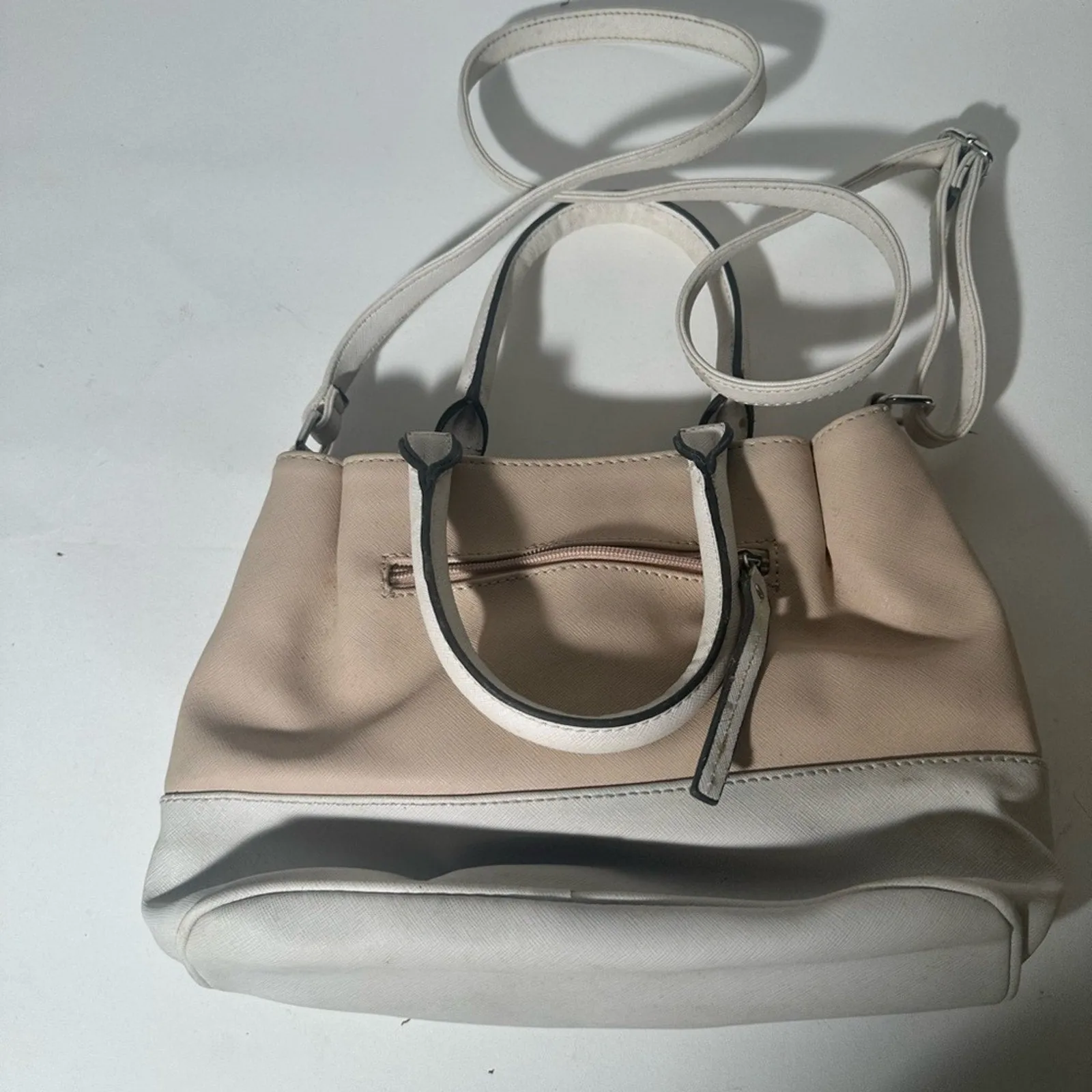 Nine West Cream and White Satchel with Double Handles and Silver Hardware