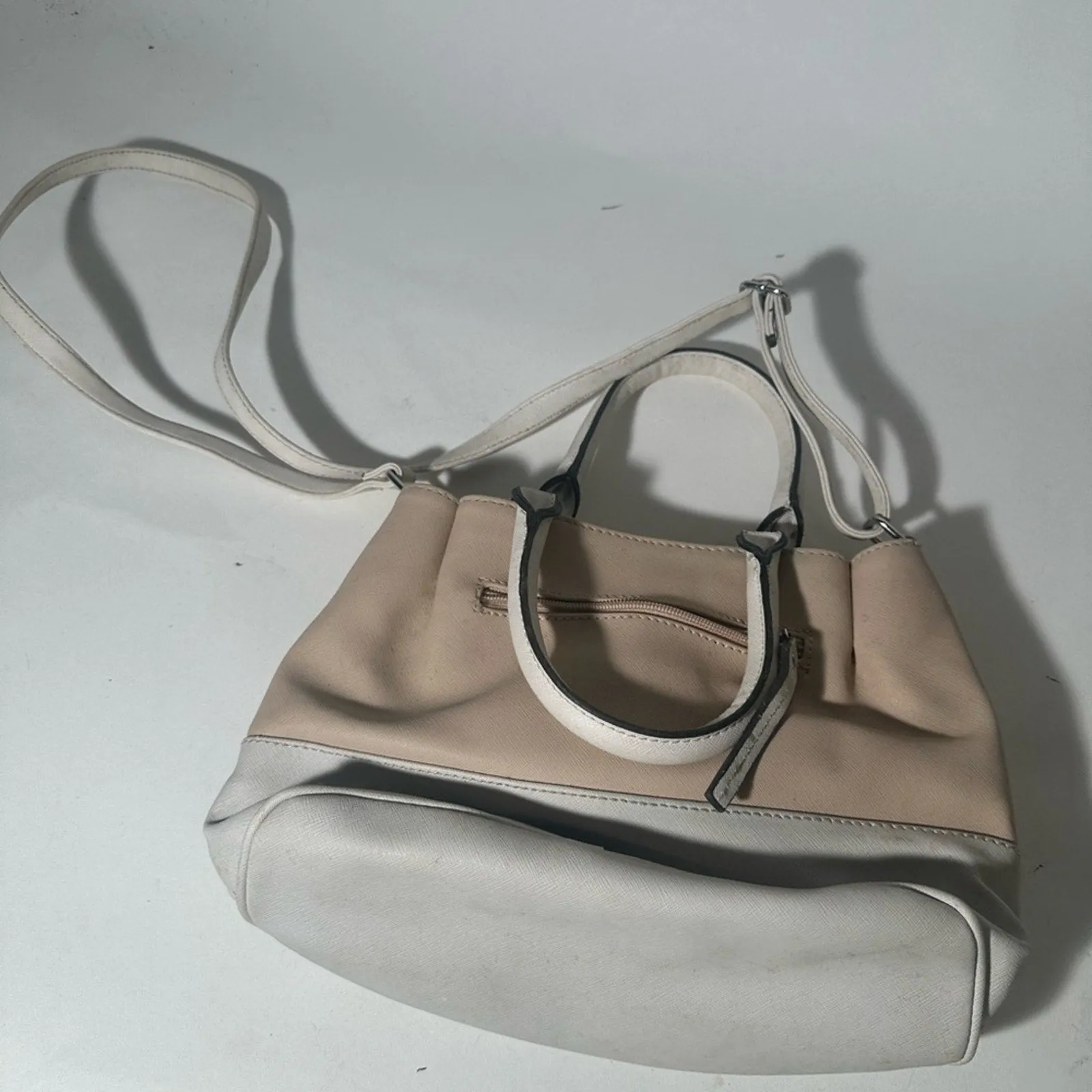 Nine West Cream and White Satchel with Double Handles and Silver Hardware
