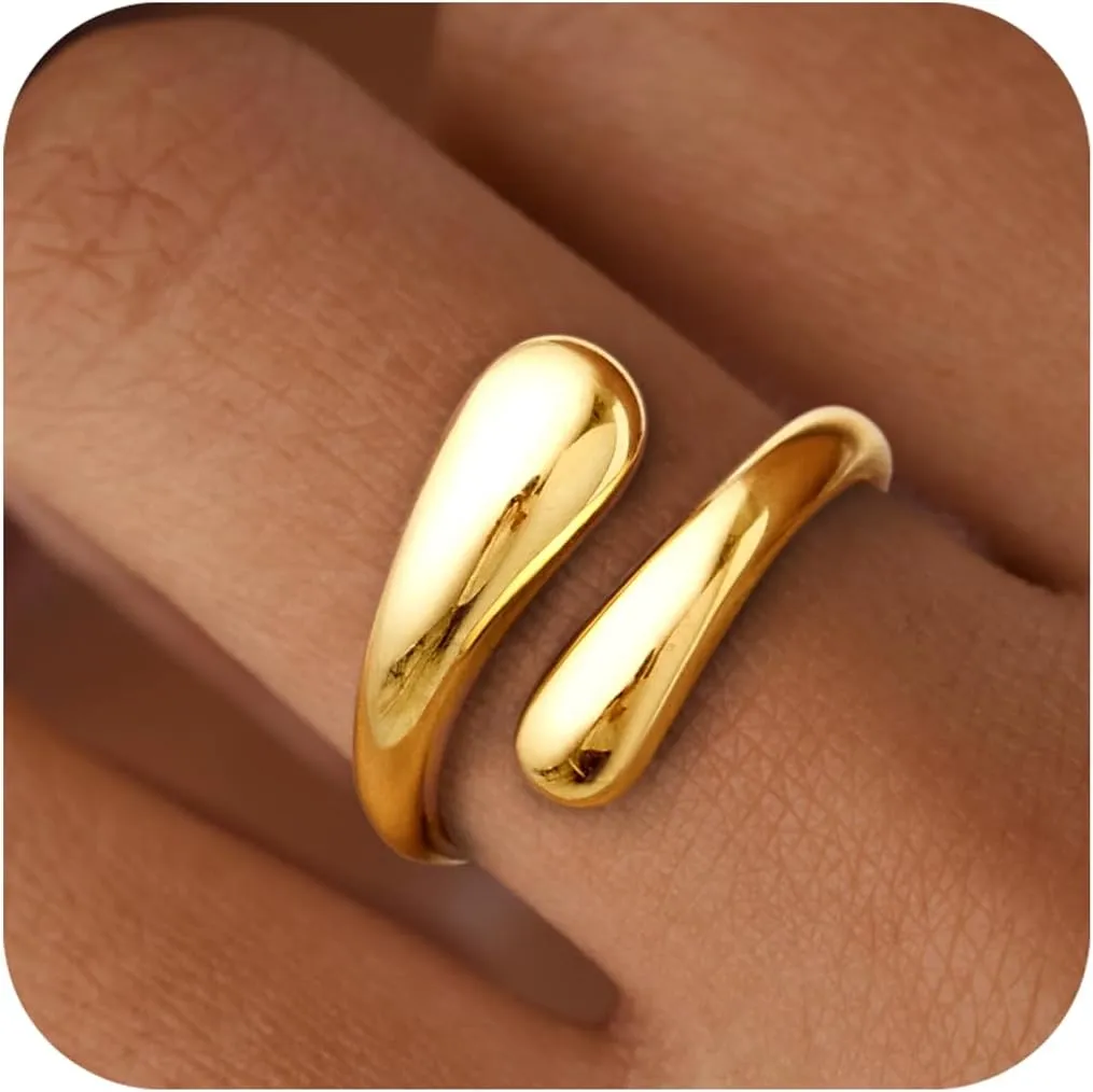 Non Tarnish Gold Chunky Rings for Women, 14K Gold Plated Statement Dome Rings, Stackable Mens Wedding Band Jewelry Size 5-15