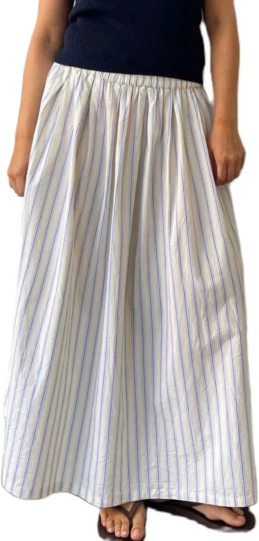 NUFIWI Women Y2k Striped Maxi Skirts High Elastic Waist Ruched Flowy Long Skirts Boho Casual A Line Flare Skirts