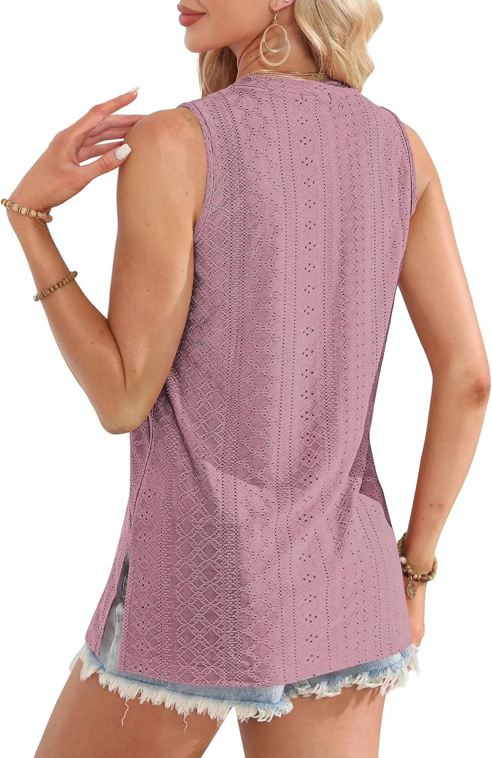 OFEEFAN Womens Tank Tops High Neck Summer Tops Eyelet Sleeveless Shirts Loose Fit 2025