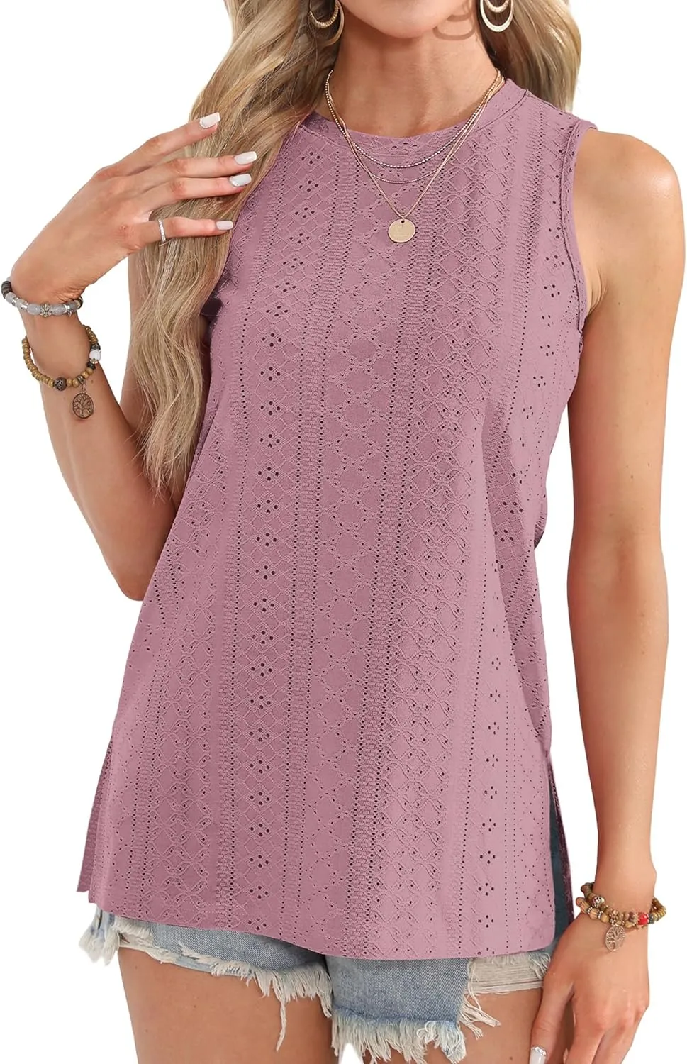 OFEEFAN Womens Tank Tops High Neck Summer Tops Eyelet Sleeveless Shirts Loose Fit 2025