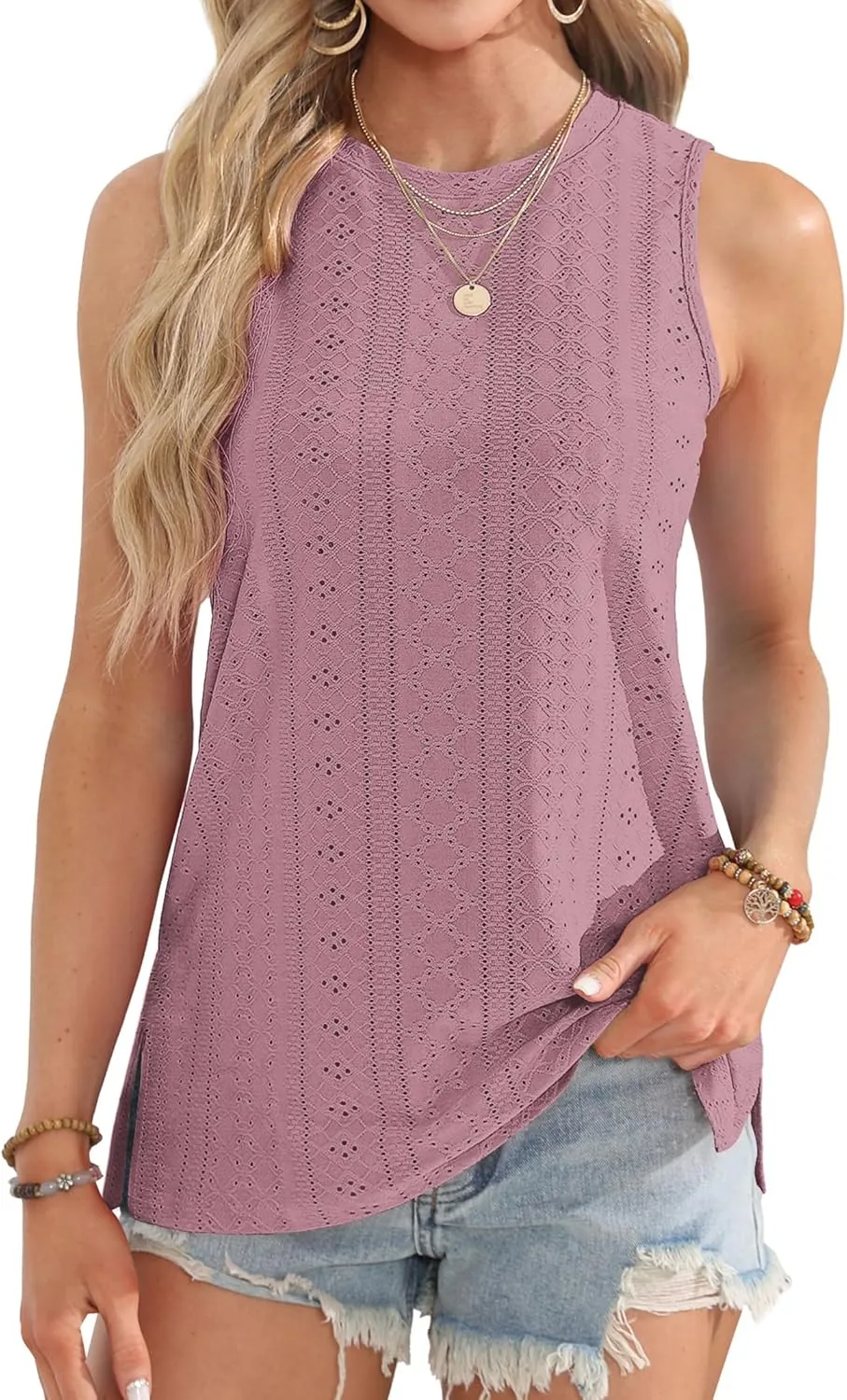OFEEFAN Womens Tank Tops High Neck Summer Tops Eyelet Sleeveless Shirts Loose Fit 2025