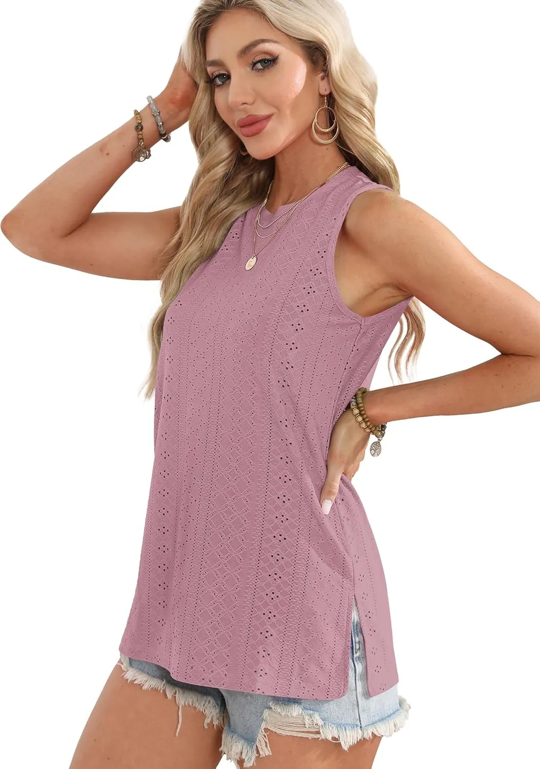 OFEEFAN Womens Tank Tops High Neck Summer Tops Eyelet Sleeveless Shirts Loose Fit 2025