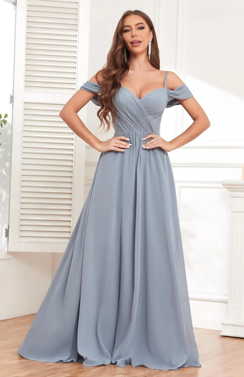 Off The Shoulder Bridesmaid Dresses for Women with Slit Pockets Ruched Chiffon Long Formal Evening Gown
