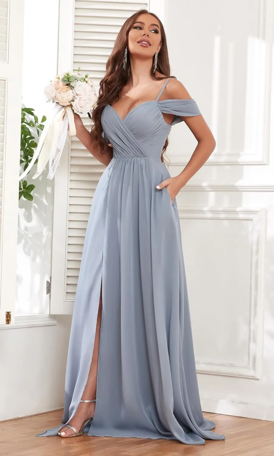 Off The Shoulder Bridesmaid Dresses for Women with Slit Pockets Ruched Chiffon Long Formal Evening Gown