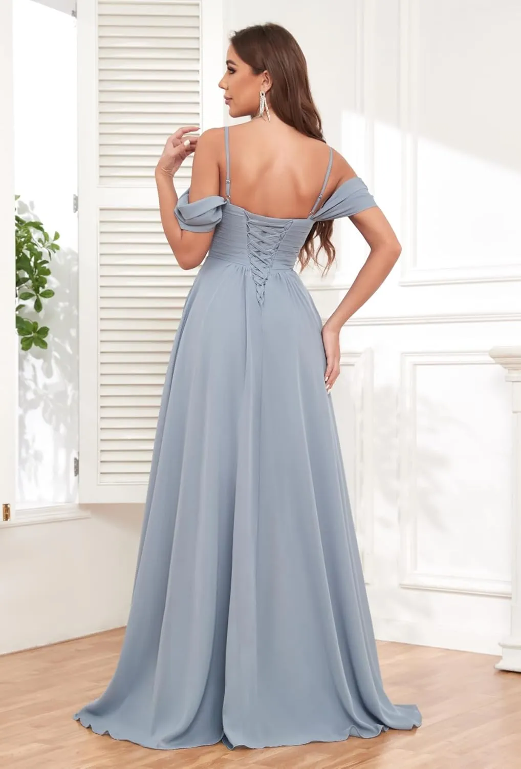Off The Shoulder Bridesmaid Dresses for Women with Slit Pockets Ruched Chiffon Long Formal Evening Gown