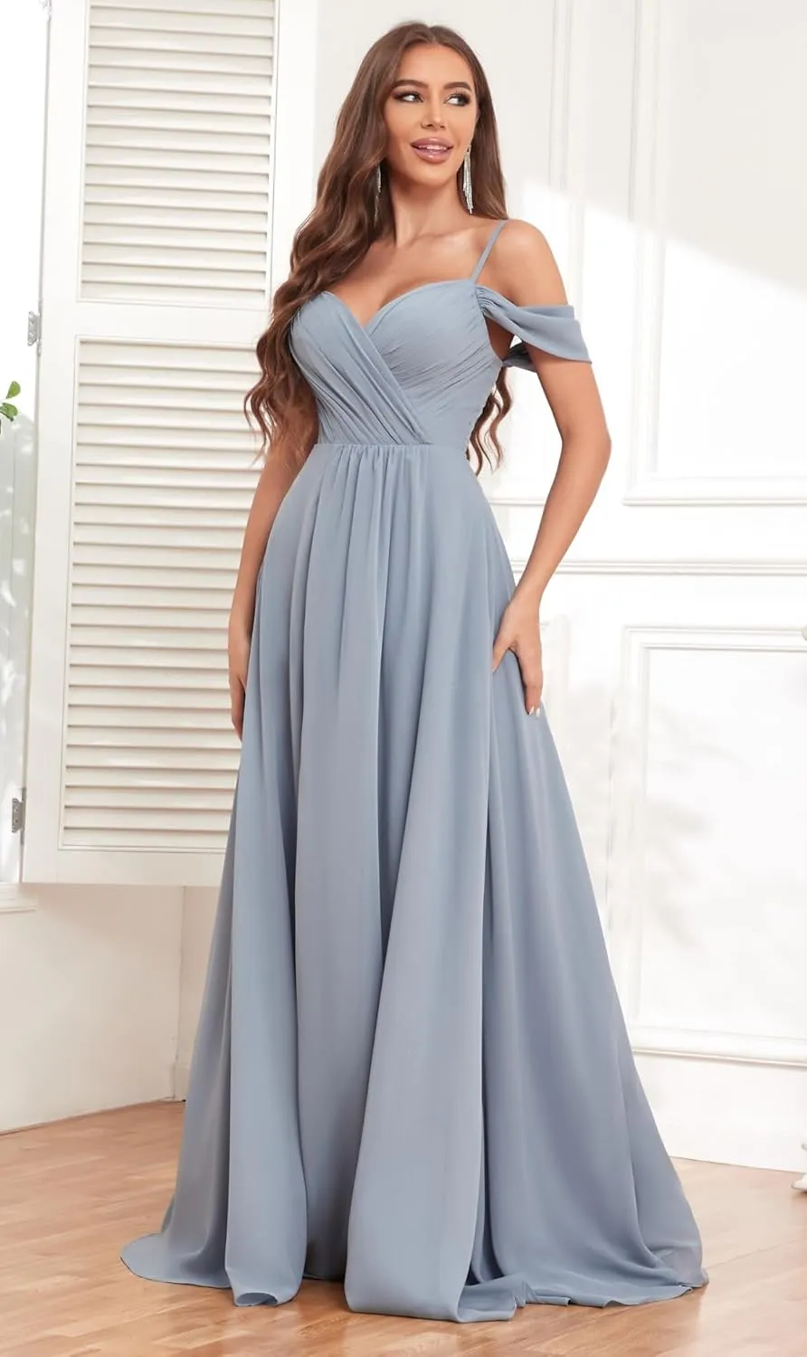 Off The Shoulder Bridesmaid Dresses for Women with Slit Pockets Ruched Chiffon Long Formal Evening Gown