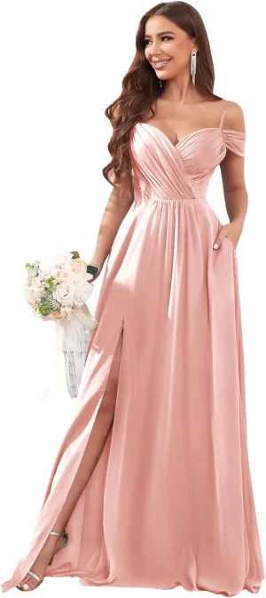 Off The Shoulder Bridesmaid Dresses for Women with Slit Pockets Ruched Chiffon Long Formal Evening Gown