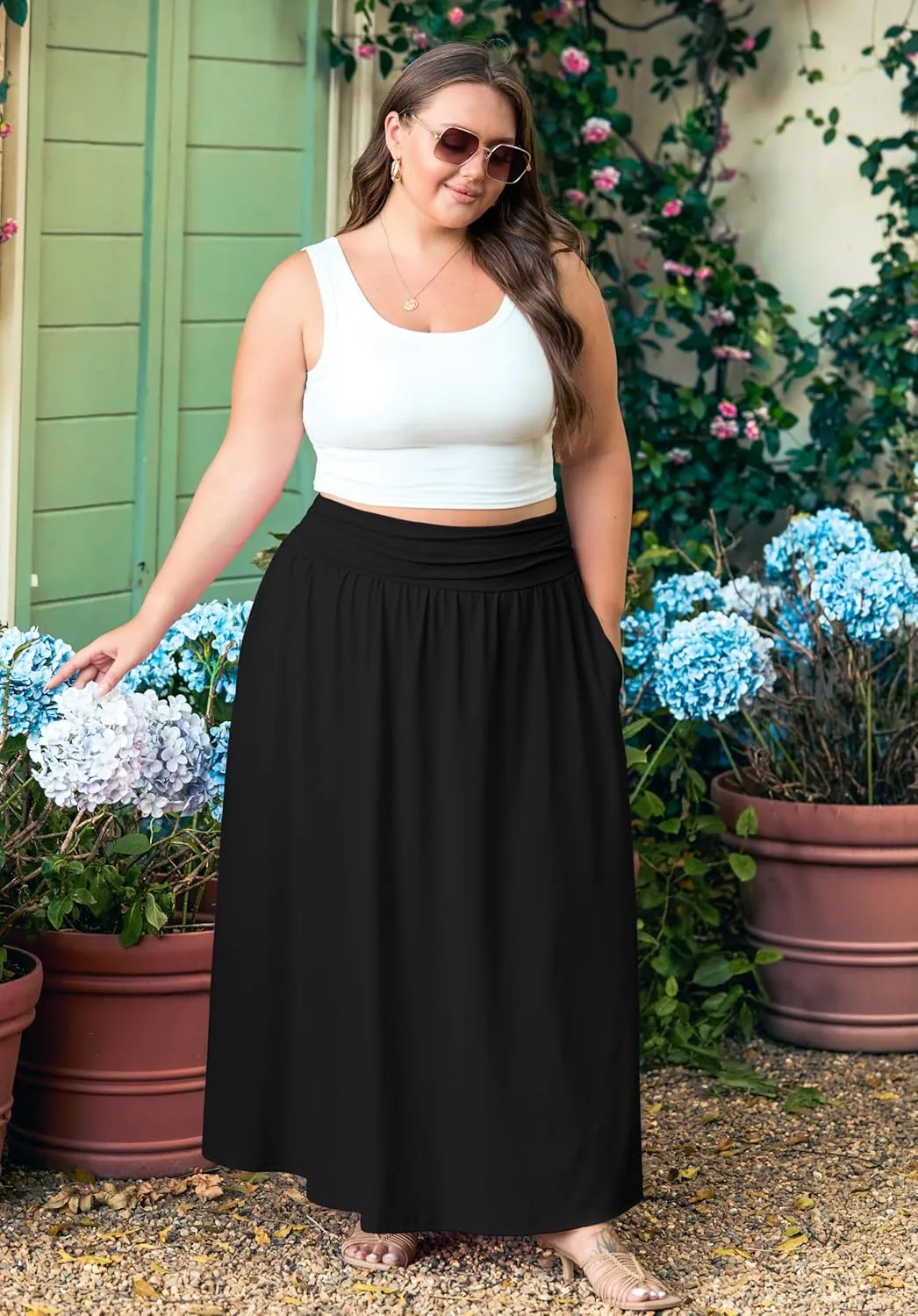 OLRIK Plus Size Maxi Skirt with Pockets 2025 Summer Elastic High Waisted A-Line Flowy Long Skirts