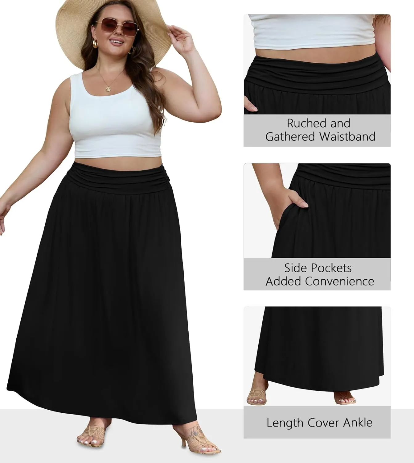 OLRIK Plus Size Maxi Skirt with Pockets 2025 Summer Elastic High Waisted A-Line Flowy Long Skirts