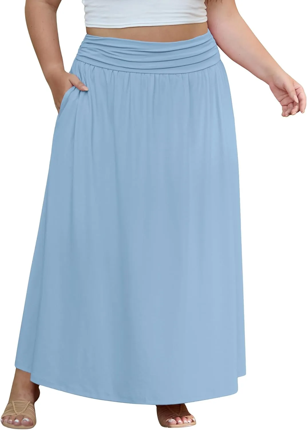 OLRIK Plus Size Maxi Skirt with Pockets 2025 Summer Elastic High Waisted A-Line Flowy Long Skirts