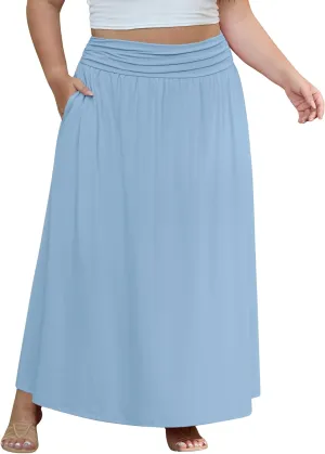 OLRIK Plus Size Maxi Skirt with Pockets 2025 Summer Elastic High Waisted A-Line Flowy Long Skirts