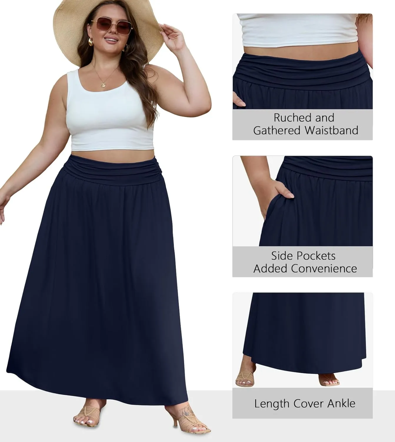 OLRIK Plus Size Maxi Skirt with Pockets 2025 Summer Elastic High Waisted A-Line Flowy Long Skirts