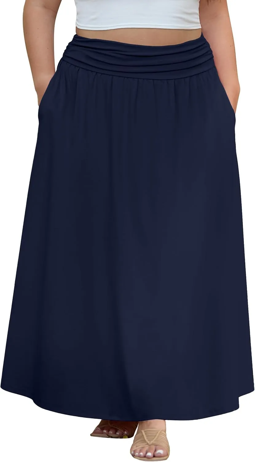OLRIK Plus Size Maxi Skirt with Pockets 2025 Summer Elastic High Waisted A-Line Flowy Long Skirts