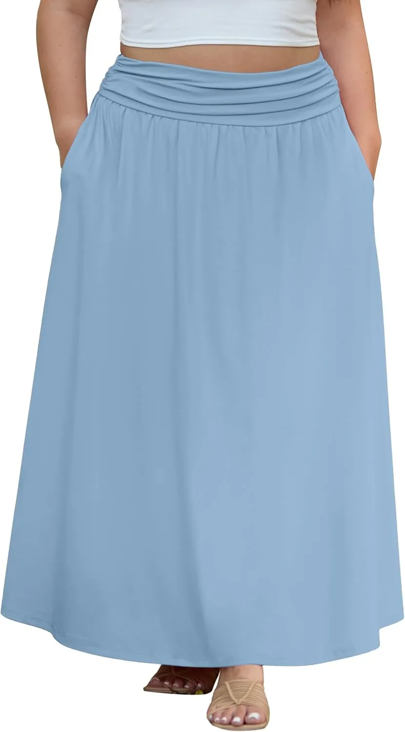 OLRIK Plus Size Maxi Skirt with Pockets 2025 Summer Elastic High Waisted A-Line Flowy Long Skirts