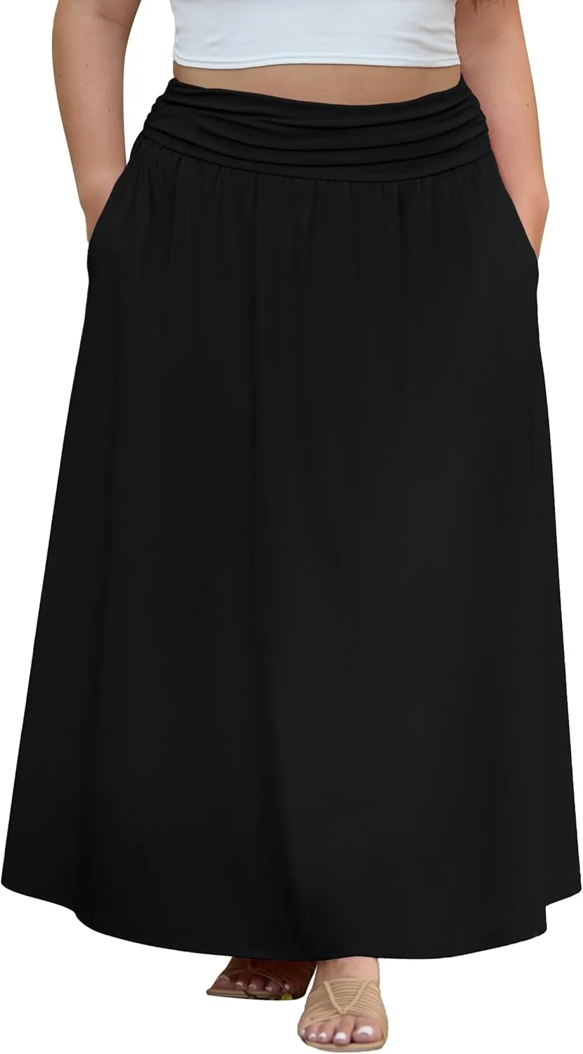 OLRIK Plus Size Maxi Skirt with Pockets 2025 Summer Elastic High Waisted A-Line Flowy Long Skirts