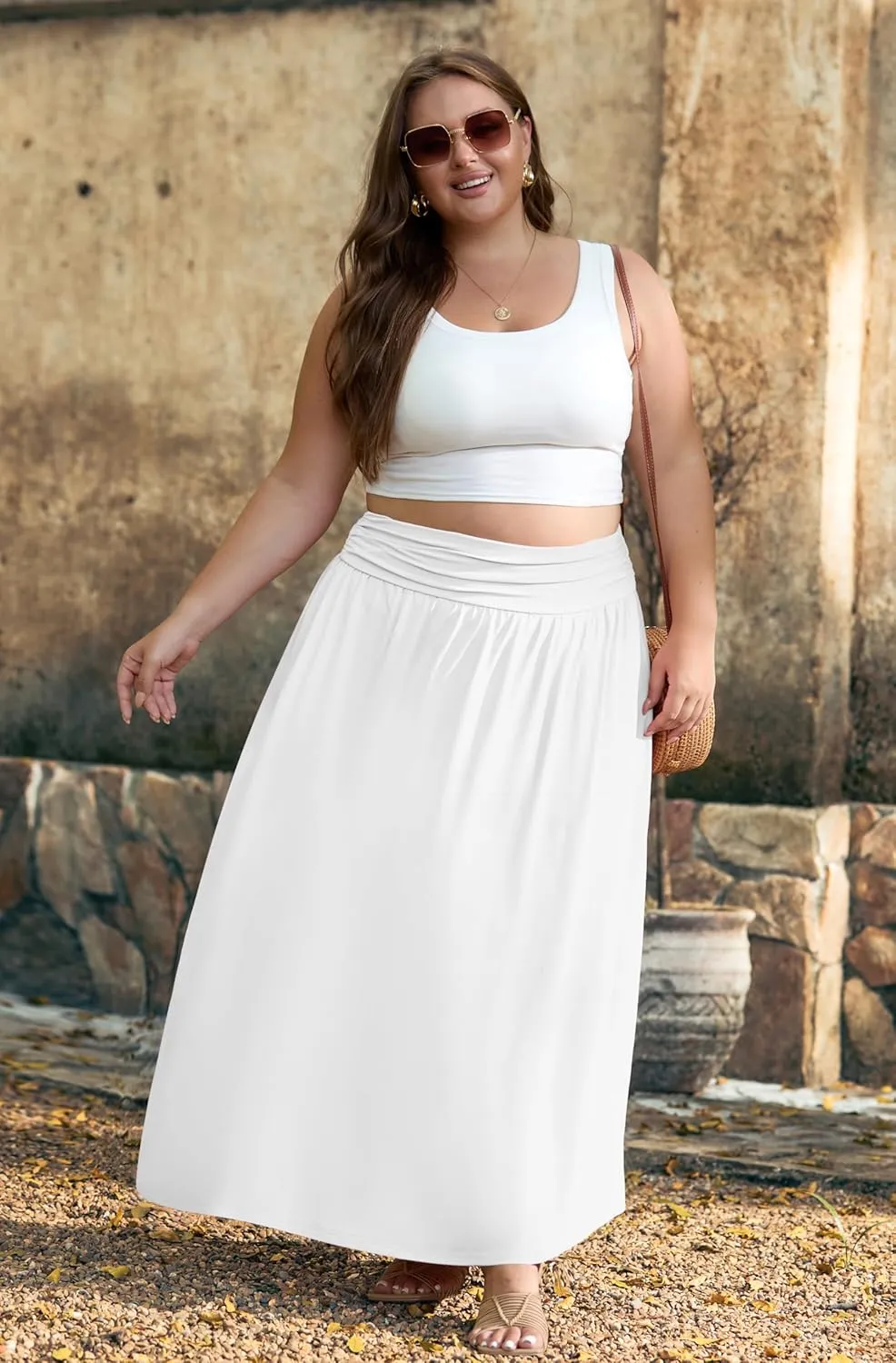 OLRIK Plus Size Maxi Skirt with Pockets 2025 Summer Elastic High Waisted A-Line Flowy Long Skirts