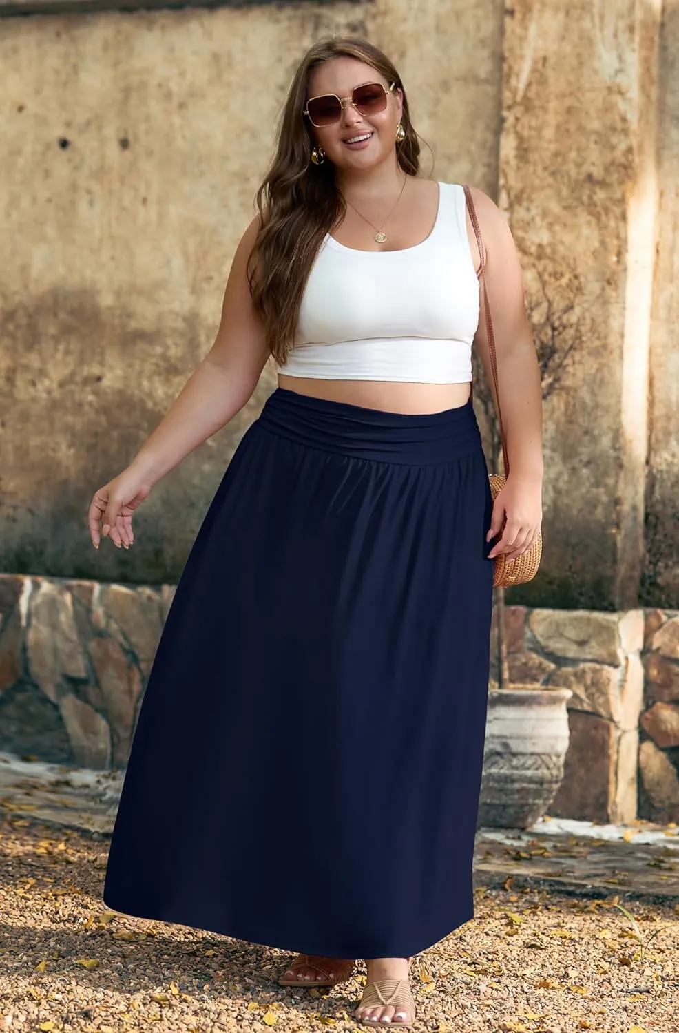 OLRIK Plus Size Maxi Skirt with Pockets 2025 Summer Elastic High Waisted A-Line Flowy Long Skirts