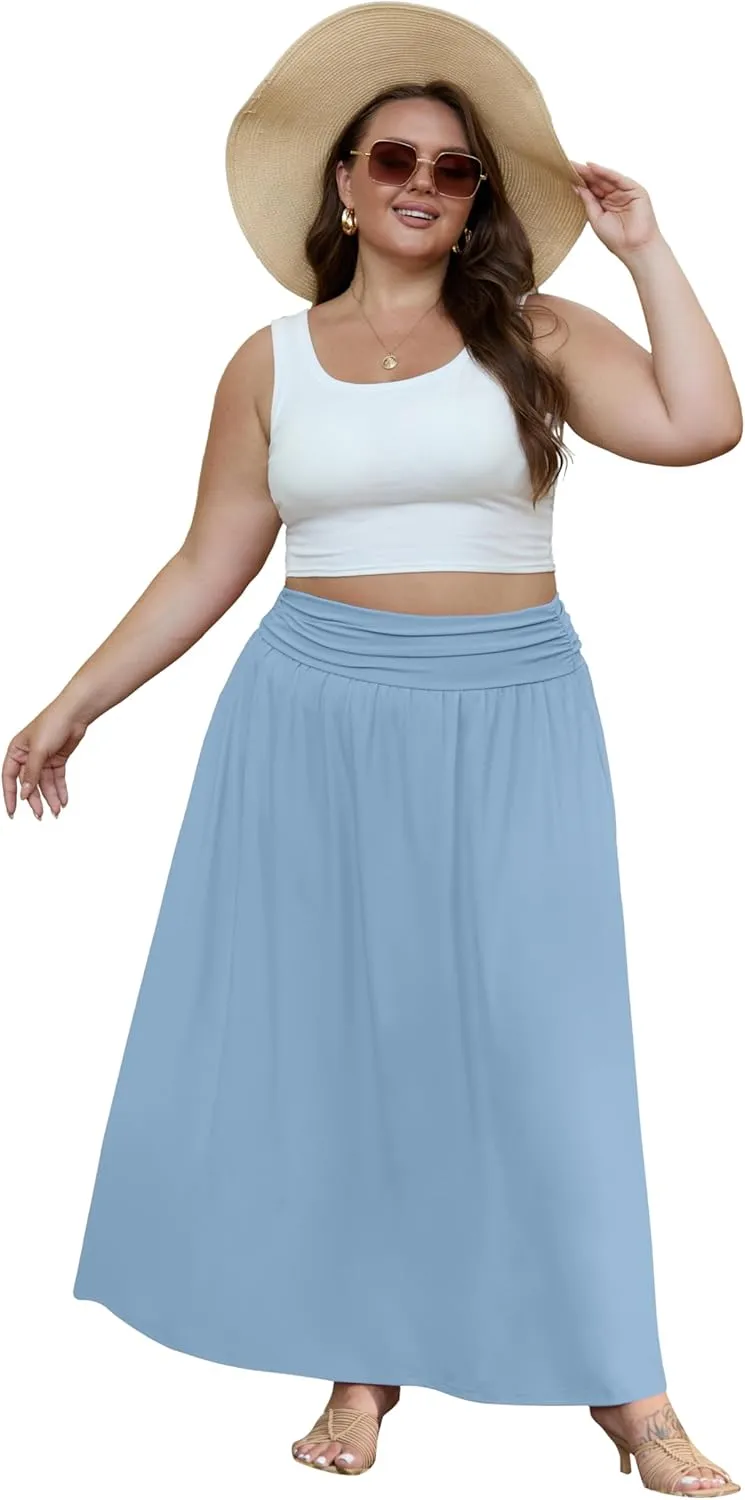 OLRIK Plus Size Maxi Skirt with Pockets 2025 Summer Elastic High Waisted A-Line Flowy Long Skirts