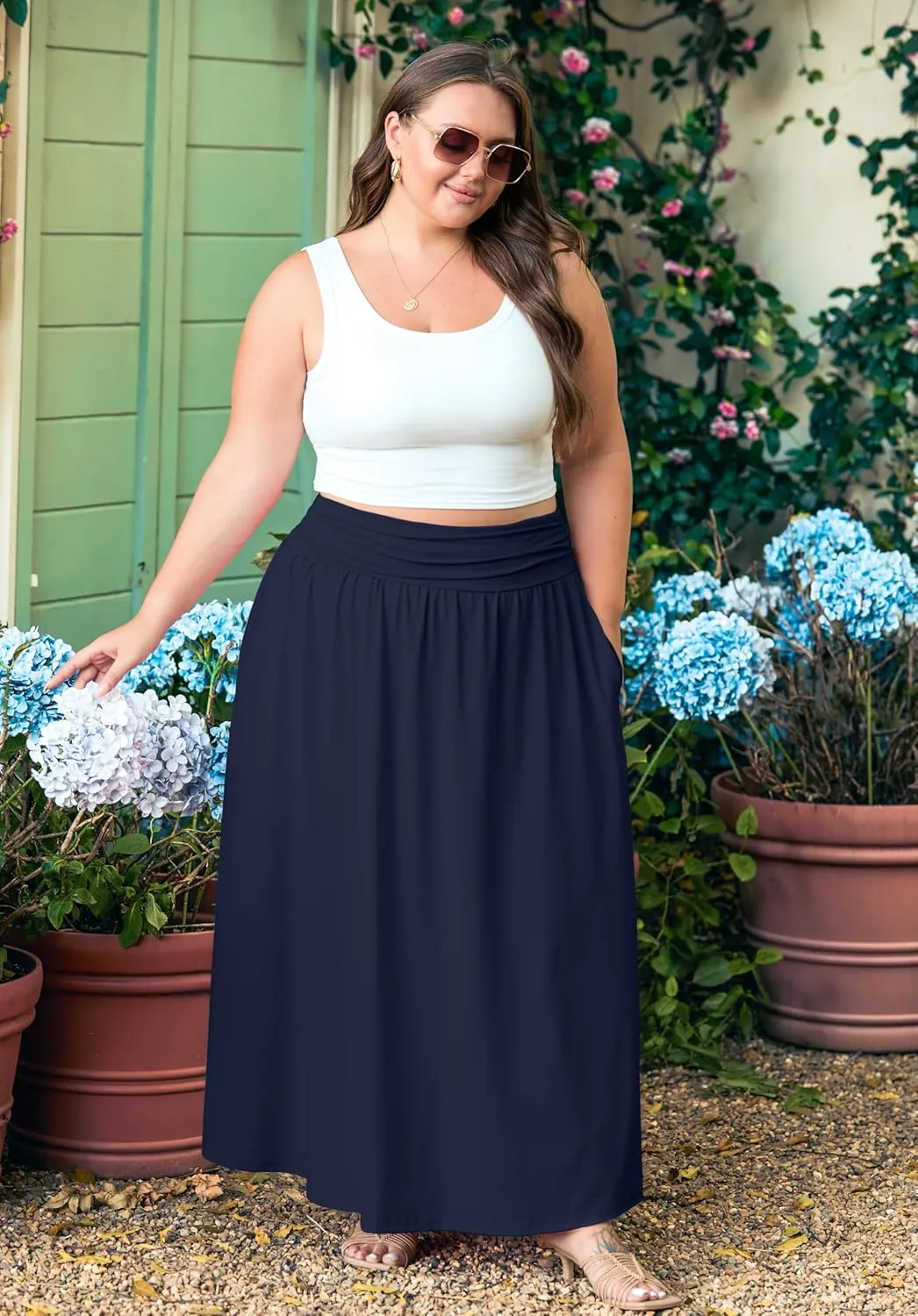 OLRIK Plus Size Maxi Skirt with Pockets 2025 Summer Elastic High Waisted A-Line Flowy Long Skirts
