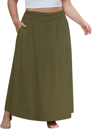 OLRIK Plus Size Maxi Skirt with Pockets 2025 Summer Elastic High Waisted A-Line Flowy Long Skirts