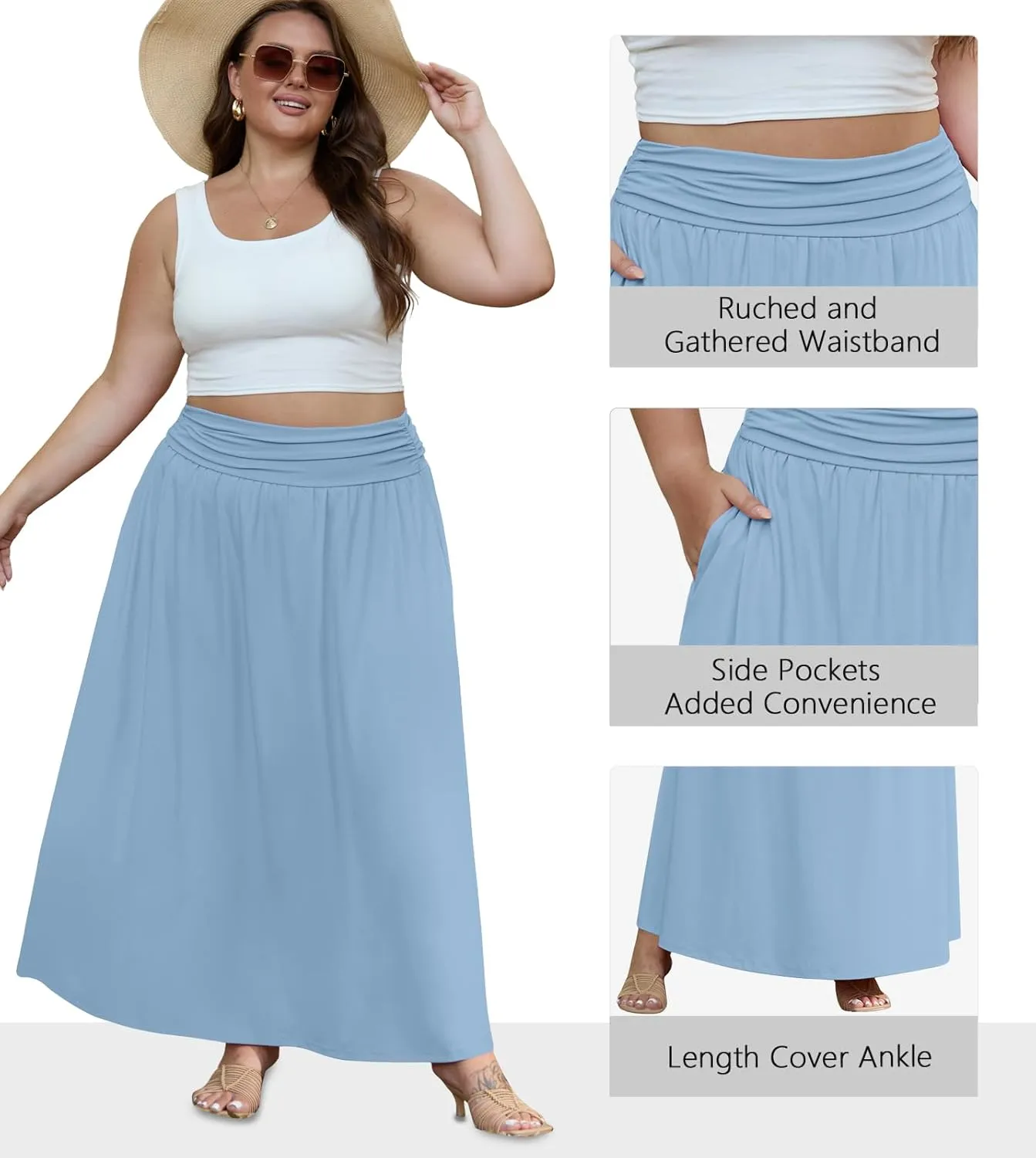 OLRIK Plus Size Maxi Skirt with Pockets 2025 Summer Elastic High Waisted A-Line Flowy Long Skirts