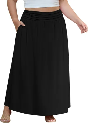 OLRIK Plus Size Maxi Skirt with Pockets 2025 Summer Elastic High Waisted A-Line Flowy Long Skirts